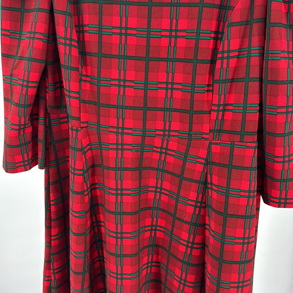 Calvin Klein Red and Green Plaid Midi Dress 3/4 sleeve puff shoulder holiday 16 - Picture 7 of 12